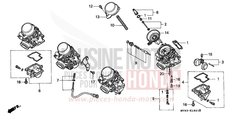 CARBURATEUR (PIECES CONSTITUTIVES) de CBR600F NOIR (NH1K) de 1992