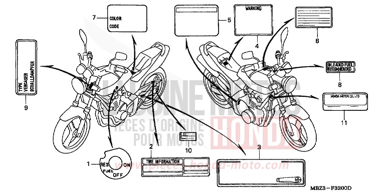 ETIQUETTE DE PRECAUTIONS (1) de Hornet PEARL SHINING YELLOW (Y124) de 1999