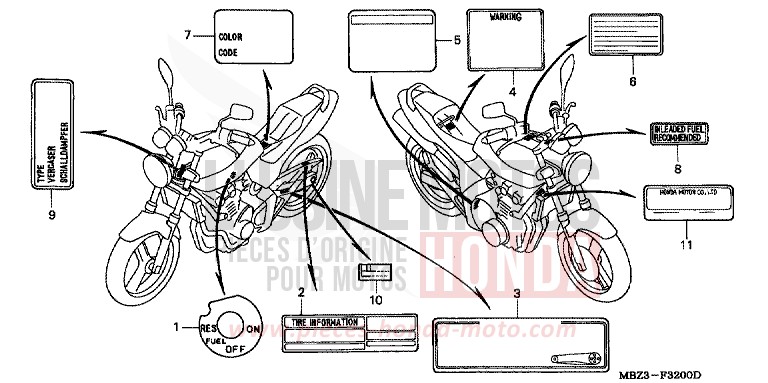 ETIQUETTE DE PRECAUTIONS (1) de Hornet PEARL SHINING YELLOW (Y124) de 2000